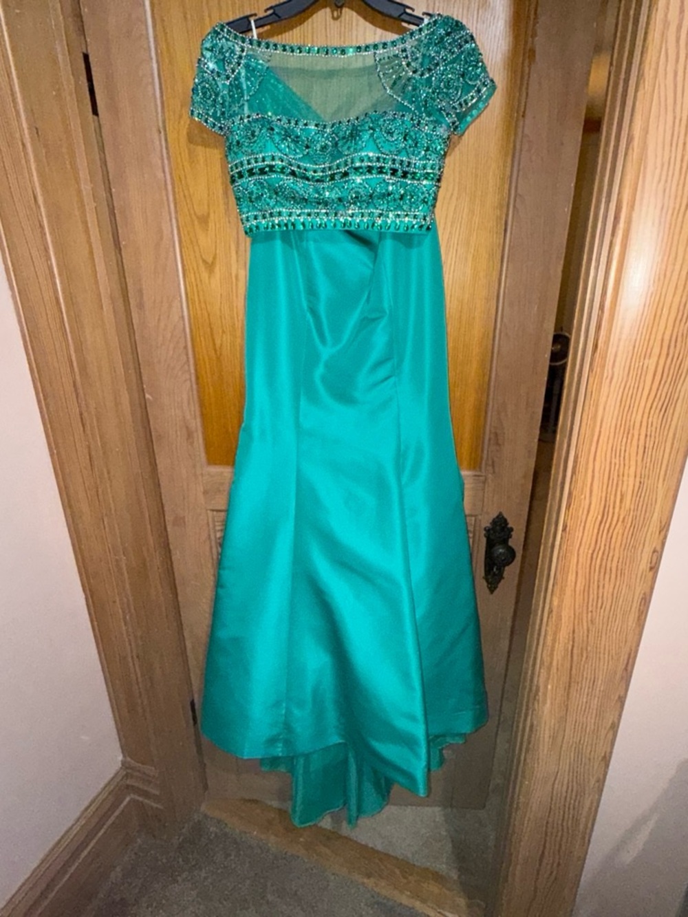Sherri Hill Teal Beaded Cap-Sleeve Prom Gown